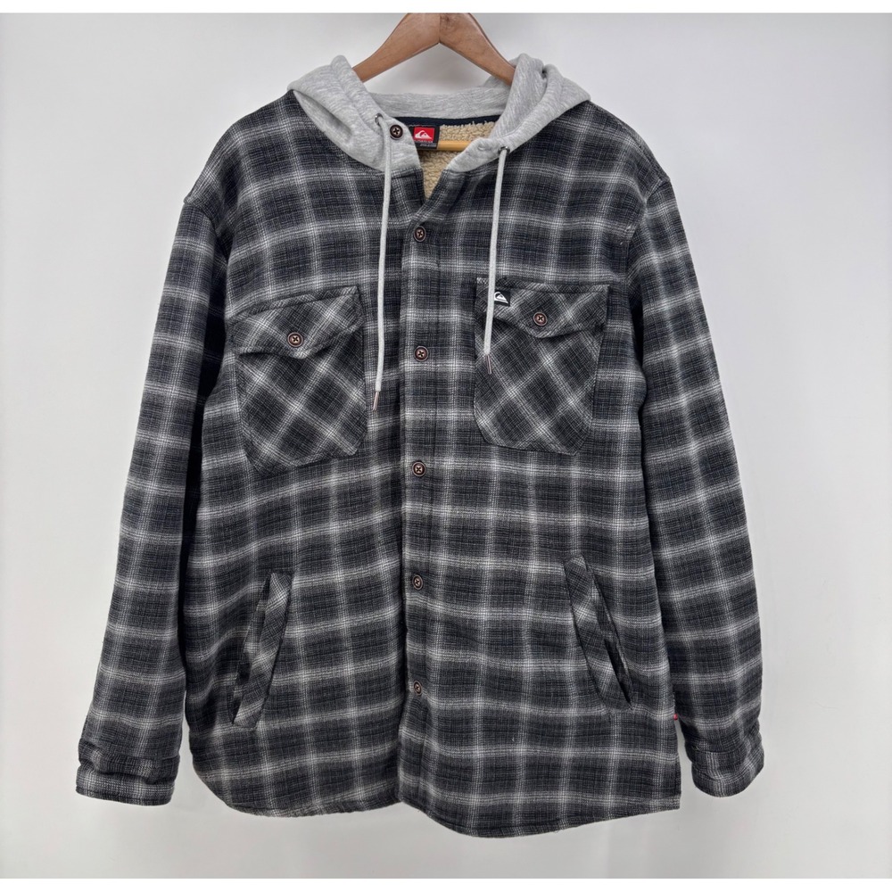 Quiksilver Sherpa Lined Jacket Men's XL Black Gray Plaid Hooded Shacket
